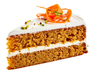 Slice of carrot cake isolated on white background, transparent PNG