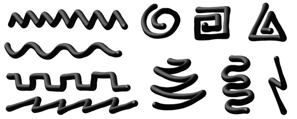 A clean, high-contrast image features various black, rounded, abstract shapes and lines against a stark white backdrop. The shapes include spirals, zigzags, and geometric forms, rendered with a smooth