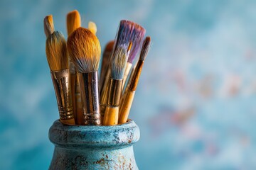 Collection of Paint Brushes in Ceramic Jar with Blue and Orange Hues against Blurred Background