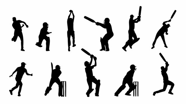 Dynamic cricket player silhouettes in action, showcasing athleticism and sportsmanship in a collection perfect for sports branding and cricket promotion