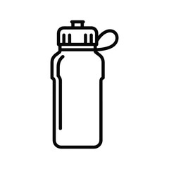 Simple black and white line art icon of a reusable sports water bottle with a cap and carrying loop, isolated on