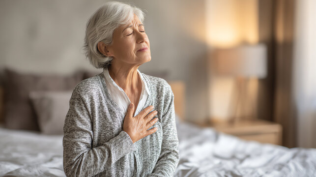An elderly woman reflects in a serene bedroom, showcasing a moment of tranquility and emotional depth.