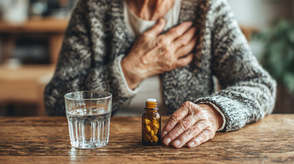 An elderly woman rests her hand on her chest, with a bottle of medicine and glass of water nearby.