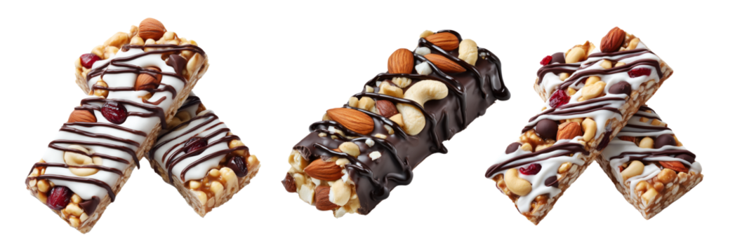 Chocolate coated nut protein energy fitness bar topped with almonds, cashews, walnuts, and chocolate drizzle on white