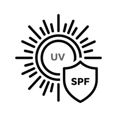 Black and white line icon representing uv protection and spf shield against sun radiation, isolated on