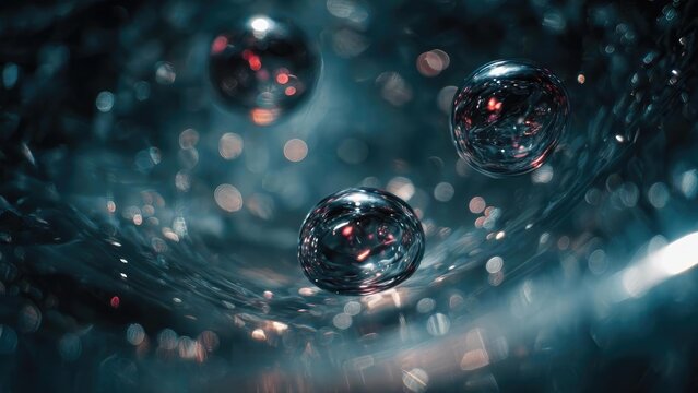 Two glassy bubbles floating in blue water with red reflections and a dreamy bokeh background. Concept Glassy bubbles underwater, Blue water reflections, Red highlights, Dreamy bokeh