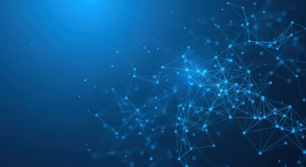 Abstract blue digital network background with glowing interconnected nodes and lines, representing technology, data transfer, and global connection in a modern, futuristic style