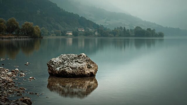 A solitary rock emerging from a still lake, its reflection mirrored in the water, with misty hills and trees in the distance. Concept Solitary rock in still lake, Mirror-like reflection - Powered by Adobe