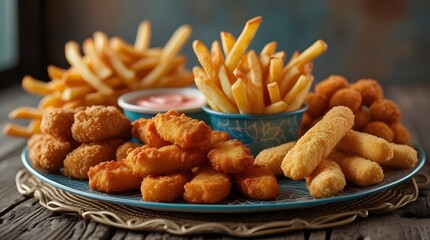 &ldquo;Ultra-realistic close-up of crispy fried snacks with golden fries on a rustic wooden table, warm lighting, depth-of-field, vibrant food photography.&rdquo;