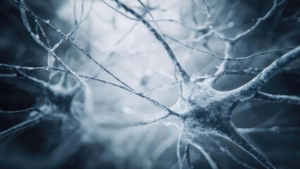 Close-up of a neuron with branching dendrites, glowing blue, illustrating a neural network. Concept Neural network close-up, Glowing blue neuron with branching dendrites