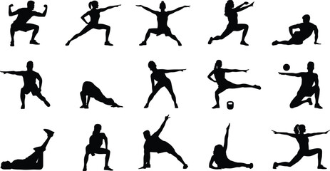 Collection of black silhouettes of men and women performing various fitness exercises and stretches