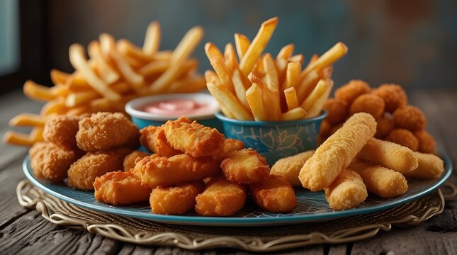 &ldquo;Ultra-realistic close-up of crispy fried snacks with golden fries on a rustic wooden table, warm lighting, depth-of-field, vibrant food photography.&rdquo;