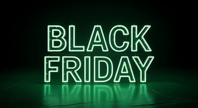 Illuminated green neon sign displaying black friday text glowing brightly in a dark studio environment
