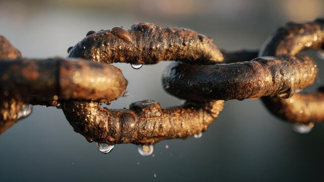 Close-up of a rusted chain with drops of water clinging to the wet, textured links, catching the warm light. Concept Macro shot of a rusted chain with water droplets on textured links - Powered by Adobe