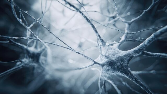 Close-up of a neuron with branching dendrites, glowing blue, illustrating a neural network. Concept Neural network close-up, Glowing blue neuron with branching dendrites