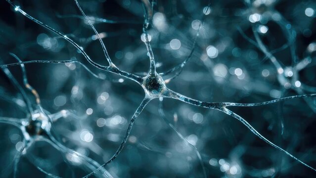 A close-up of neurons with branching axons and dendrites forming a blue neural network. Concept Neuroscience Close-Up, Neural Network, Axons and Dendrites, Brain Cells, Blue Abstraction
