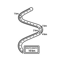 Black and white icon illustration of a winding route or path marked with distance measurements like 1 km, 2 km, and total length 10 km, isolated on