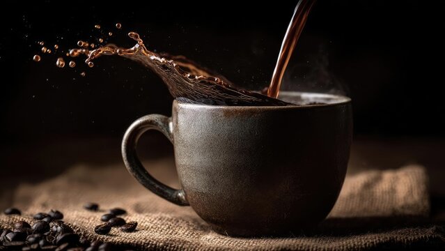Dark ceramic mug with hot coffee being poured in, a splash arching above, coffee beans scattered on burlap. Concept Pouring coffee splash, Dark ceramic mug, Coffee beans on burlap