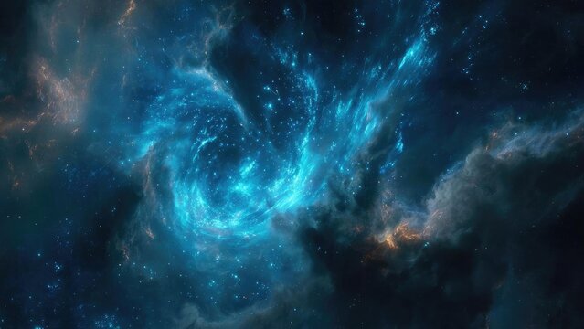 a vivid blue nebula in deep space with glowing gas clouds, swirling dust, and numerous stars. Concept Vivid Blue Nebula, Deep Space, Glowing Gas Clouds, Swirling Dust, Numerous Stars