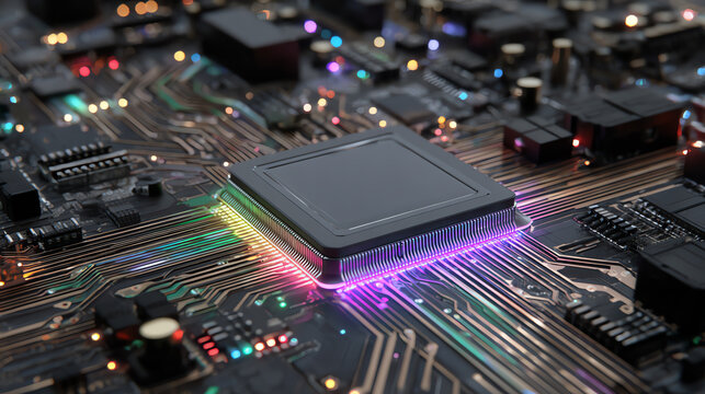 Close-up view of a computer motherboard featuring a vibrant microchip and intricate circuitry.