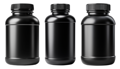 Black plastic pill or supplement container with screw cap on white background, concept of packaging and product branding