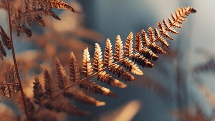 Close-up of dried brown fern fronds bathed in warm sunlight. Concept Macro photography of ferns, Dried brown fronds, Warm sunlight, Close-up nature shot, Earthy tones and textures