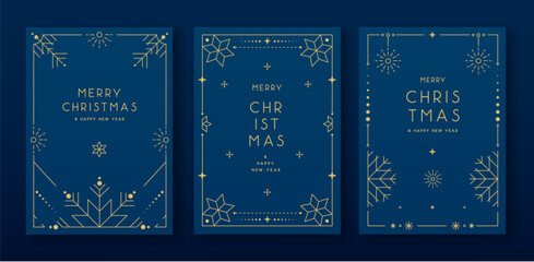 Obraz premium Set of modern Christmas frames or holiday greeting cards on blue background. Line art vector illustration