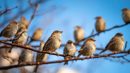 Obraz premium A flock of small brown sparrows perched on a bare branch against a clear blue sky. Concept Sparrows on bare branch, Blue sky backdrop, Wildlife photography, Small brown birds