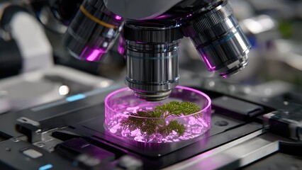 Microscope view of a pink Petri dish with a green plant specimen under purple fluorescence. Concept Fluorescent plant microscopy in a pink Petri dish
