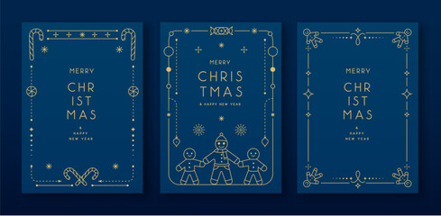 Set of modern Christmas frames or holiday greeting cards on blue background. Line art vector illustration