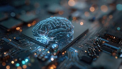 A glowing, translucent brain sits atop a circuit board, symbolizing artificial intelligence and neural networks. Concept Glowing translucent brain atop a circuit board