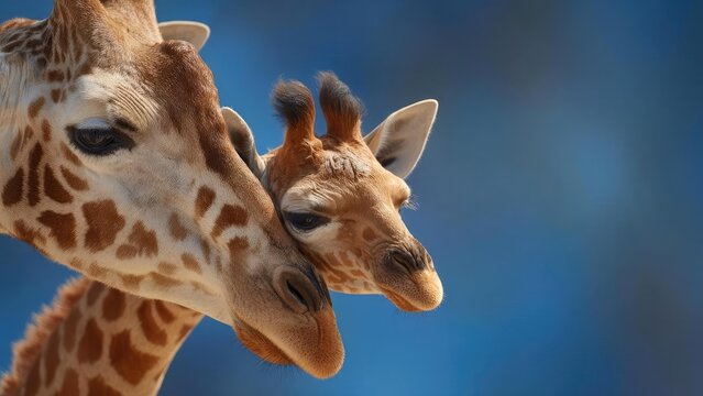 Two giraffes, a mother and her calf, nuzzle heads together against a blue background. Concept Giraffes, mother and calf bonding, affectionate wildlife portrait, nuzzling heads, blue backdrop