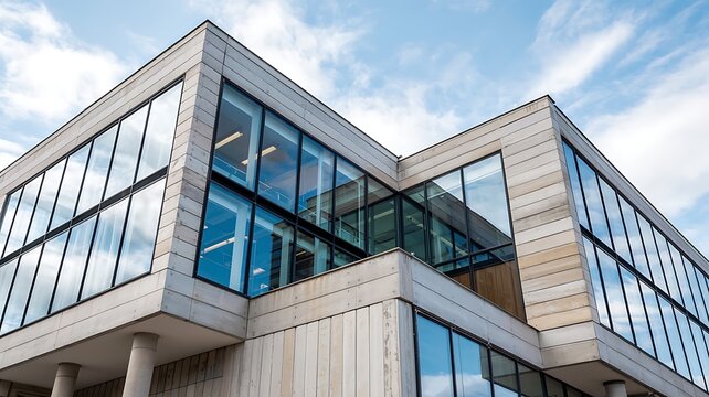 Modern architectural building with reflective glass facade and concrete elements under a bright blue sky
