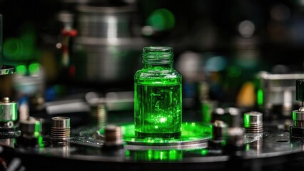 A glowing green glass vial sits on a circular lab platform, surrounded by metal hardware and blurred equipment. Concept Glowing green glass vial on a circular lab platform