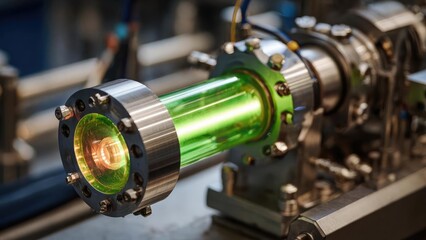 Green-glass laser optics module in a high-vacuum experimental setup. Concept Green-glass laser optics module, High-vacuum experimental setup, Vacuum-compatible optics and mounts