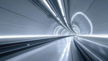 Fototapeta premium Futuristic tunnel interior with curved walls and glowing white rings, seen from a transit tube in motion. Concept Futuristic tunnel, Curved walls, Glowing white rings, Transit tube motion