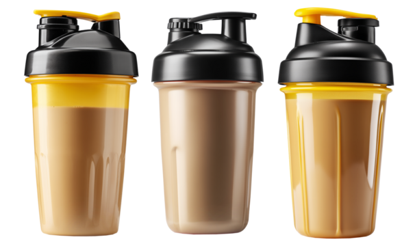 Shaker cup filled with chocolate protein shake, isolated on white transparent background, concept of fitness nutrition