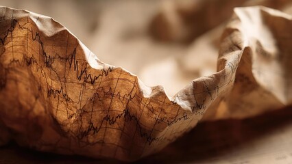 Crinkled brown paper with a jagged stock market chart sketched across its surface. Concept Rustic kraft paper stock chart drawing, Hand-drawn jagged market graph on brown paper