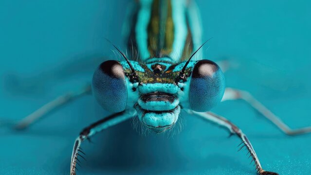 Close-up of a blue dragonfly’s face with large turquoise eyes. Concept Macro dragonfly close-up, Blue dragonfly face, Turquoise eye detail, Insect portrait photography, Nature macro shot - Powered by Adobe