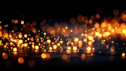 Orange bokeh lights glow against a dark background, like scattered golden orbs over a reflective surface. Concept Orange bokeh lights, Dark background, Golden orbs, Reflective surface, Moody glow