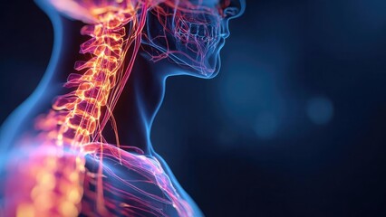 Side view of the neck and upper spine in a neon medical illustration, with glowing vertebrae and nerve fibers. Concept Neon cervical spine anatomy illustration with glowing vertebrae and nerves