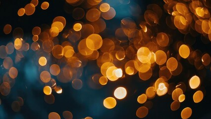 Warm orange bokeh light orbs against a dark blue background, created by out-of-focus streetlights. Concept Orange bokeh orbs, Dark blue night backdrop, Out-of-focus streetlights