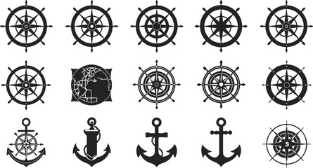Collection of nautical symbols ship wheels compasses and anchors in black silhouette © Sumia Art