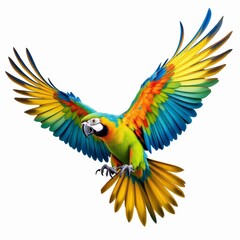 Fototapeta premium Vibrant blue and yellow macaw parrot bird flying with wings spread isolated on white background