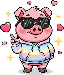 Cool pink cartoon pig in a pastel rainbow hoodie and sunglasses making a peace sign.