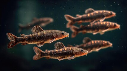 A school of small brown loach fish with barbels swimming underwater. Concept Underwater Life, Small Brown Loach, Barbels, Schooling Behavior, Freshwater Habitat