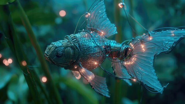 A steampunk-style robotic fish made of metal, wires and tiny LED lights along its translucent fins, underwater. Concept Steampunk robotic fish, Underwater engineering, LED-illuminated fins
