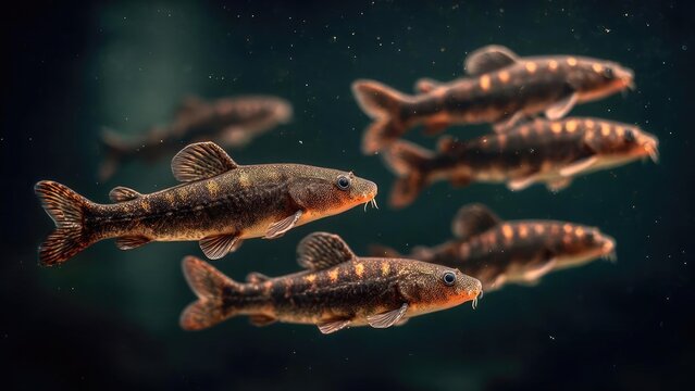 A school of small brown loach fish with barbels swimming underwater. Concept Underwater Life, Small Brown Loach, Barbels, Schooling Behavior, Freshwater Habitat - Powered by Adobe