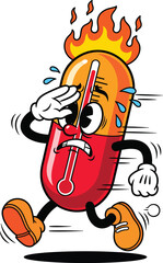 Feverish cartoon medicine capsule running while sweating with a high thermometer and head on fire.