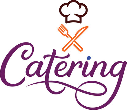 Purple script word Catering with chef hat and cutlery